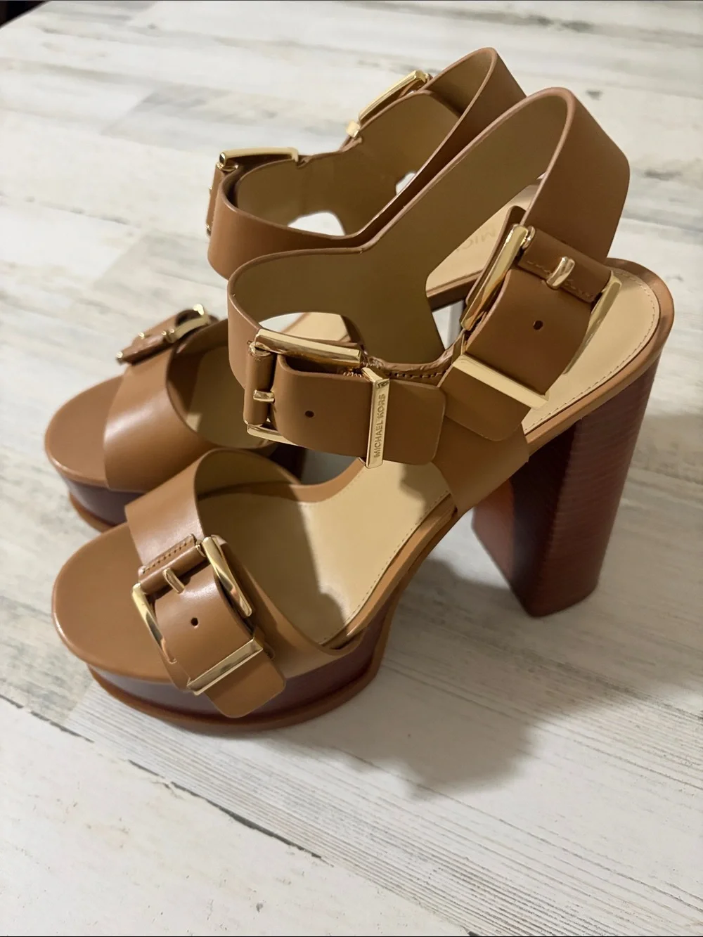 MICHAEL Michael Kors Tan Colby  Platform Block Heel Sandals with Gold Buckles